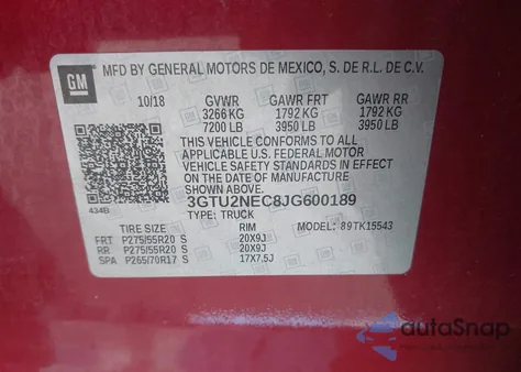 2018 GMC Sierra 1500 Slt from USA, damaged, VIN 3GTU2NEC8JG600189